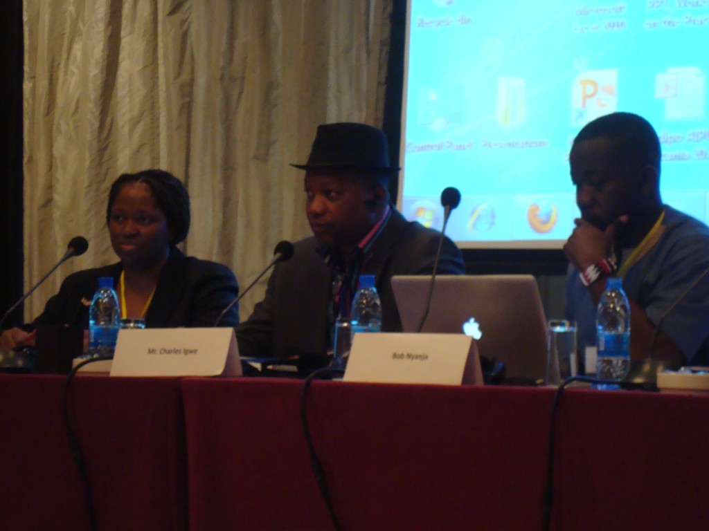 Olufunmilayo Arewa, Charles Igwe, and Bob Nyanja on African film industry panel (Photo Credit: IP-Watch)