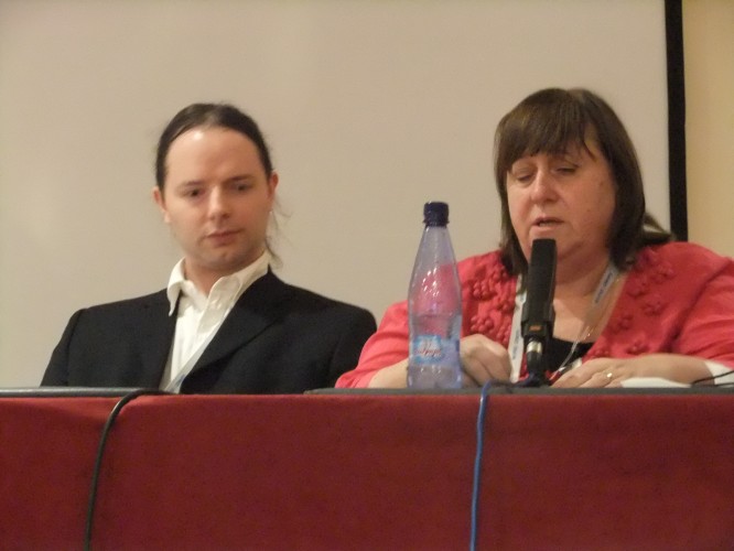 World Blind Union's Maryanne Diamond and Civil Society Coalition's Marcus Low at Knowledge Ecology International (KEI) event. (Photo Credit: Catherine Saez, IP-Watch)