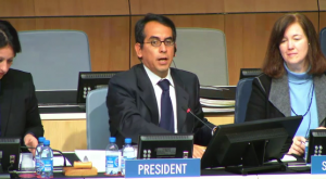 Martin Moscoso of Peru, SCCR Chair; to right, Michele Woods, director of the WIPO Copyright Law Division