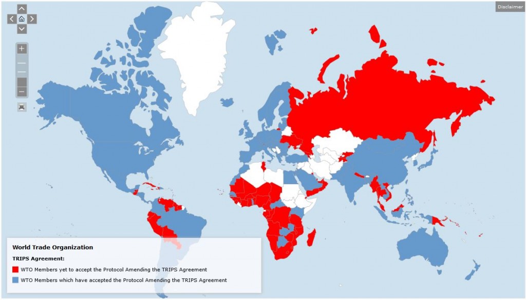 Countries that have not yet accepted the TRIPS amendment, in red. Source: WTO (accessed December 2, 2015)