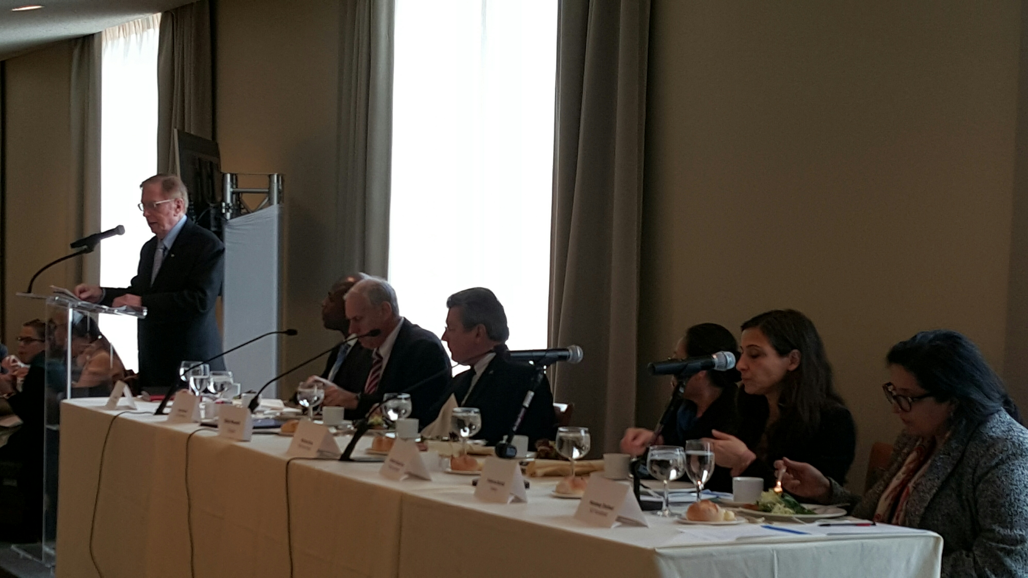 Justice Kirby speaks before panellists at the UN High-Level Panel on Access to Medicines luncheon yesterday
