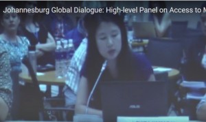 A speaker in Bangkok speaks on screen at Johannesburg dialogue