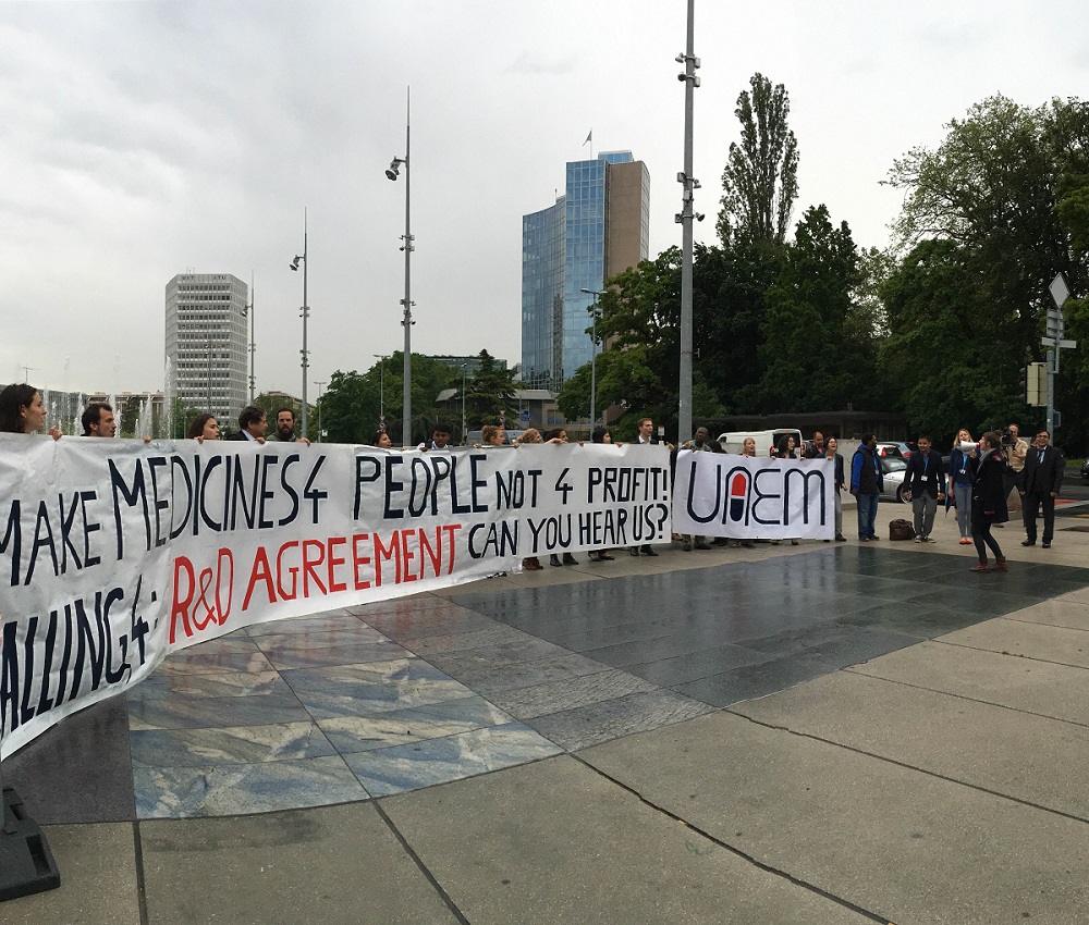 Universities Allied for Essential Medicines (UAEM) led a protest in Geneva yesterday. Photo credit: Samik Upadhaya, UAEM