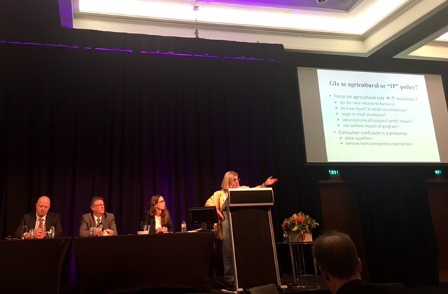 Session 4 on "Trade marks, brands and geographical indications" with Hazel Moir (Australian National University) discussing her paper on "Geographical indications: EU policy at home and abroad." Left to right: Luke Meehan (IP Australia), Andrew A. Toole (USPTO), Beth Webster (Swinburne University of Technology), and Hazel Moir.